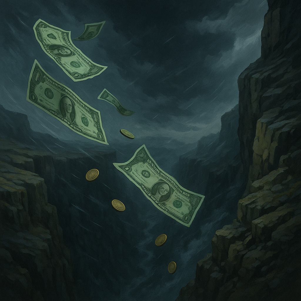 Money being lost into a canyon